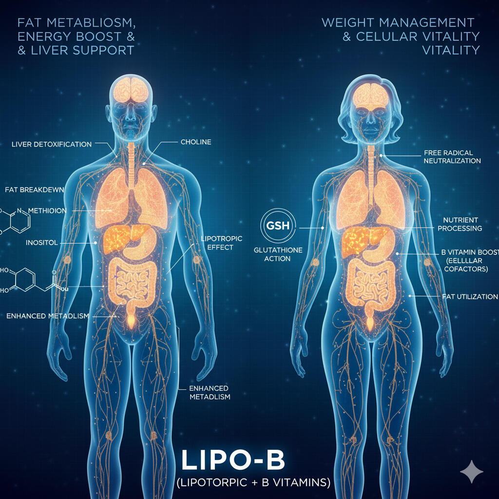 Lipo-B Lipotropic blend with B12 for fat metabolism, mood, and energy. $159 / month